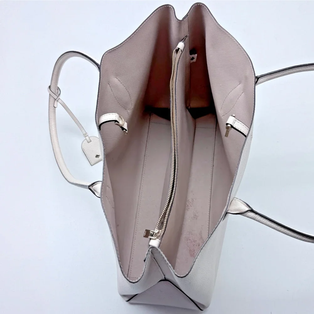 Kate Spade Harper Large Leather Tote Bag Parchment White Grey 15